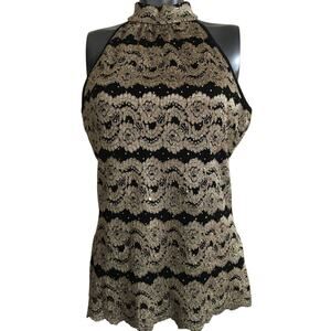 Nue Options Large Black & Tan Lace W Sequins Top, Scalloped Hem, Choker Collar